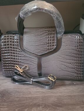 Structured Croc-Embossed Top-Handle Bag in Dark Gray Woth Brown Interior